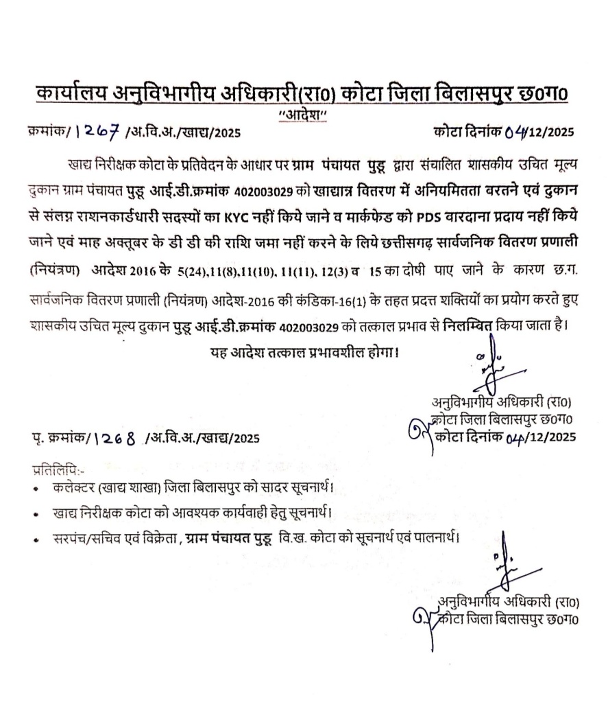 ई-केवाईसी और राशन वितरण में लापरवाही, कोटा-तखतपुर की तीन शासकीय दुकानें निलंबित..